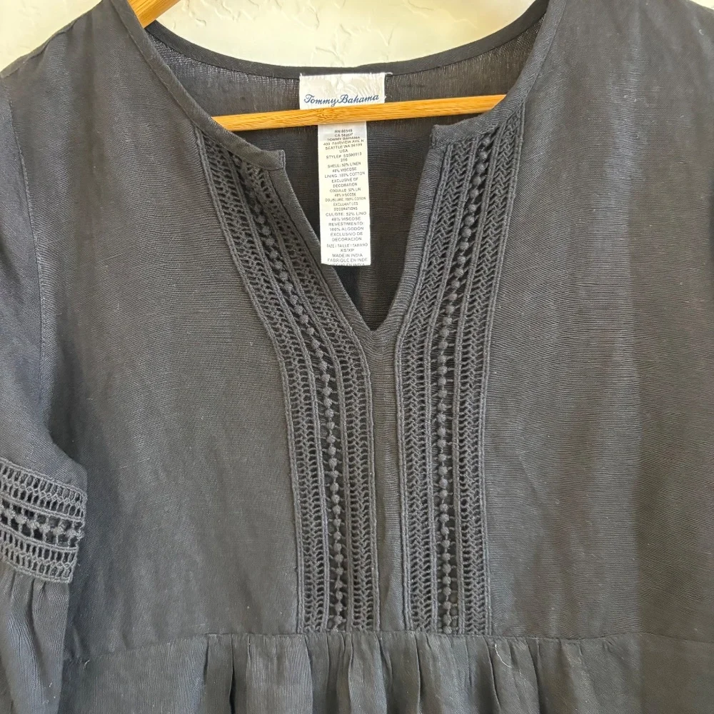 Tommy Bahama, Size XS St. Lucia Linen-Blend Split Neck Cover-Up Dress in black. - Picture 3 of 10